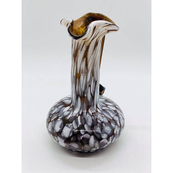 Studio Art Glass Brown blown vase pitcher /white splatter/swan handle - Picture 3 of 9